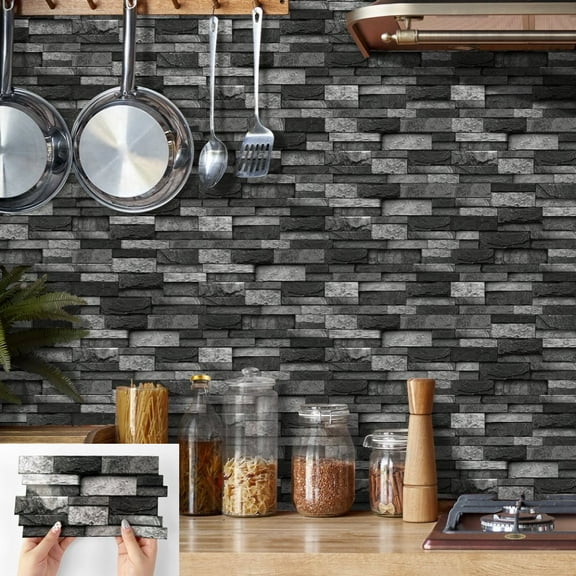 12 Pcs/Set Peel and Stick Tile Stickers Black Gray Stone Bricks 9.68 x 4.72inches DIY Decor Mosaic Wall Decals for Kitchen Bathroom