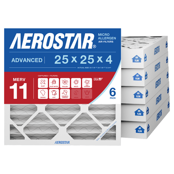 Aerostar 25x25x4 MERV 11 Pleated Air Filter, 6 Pack, Furnaces Filter, HVAC Filter