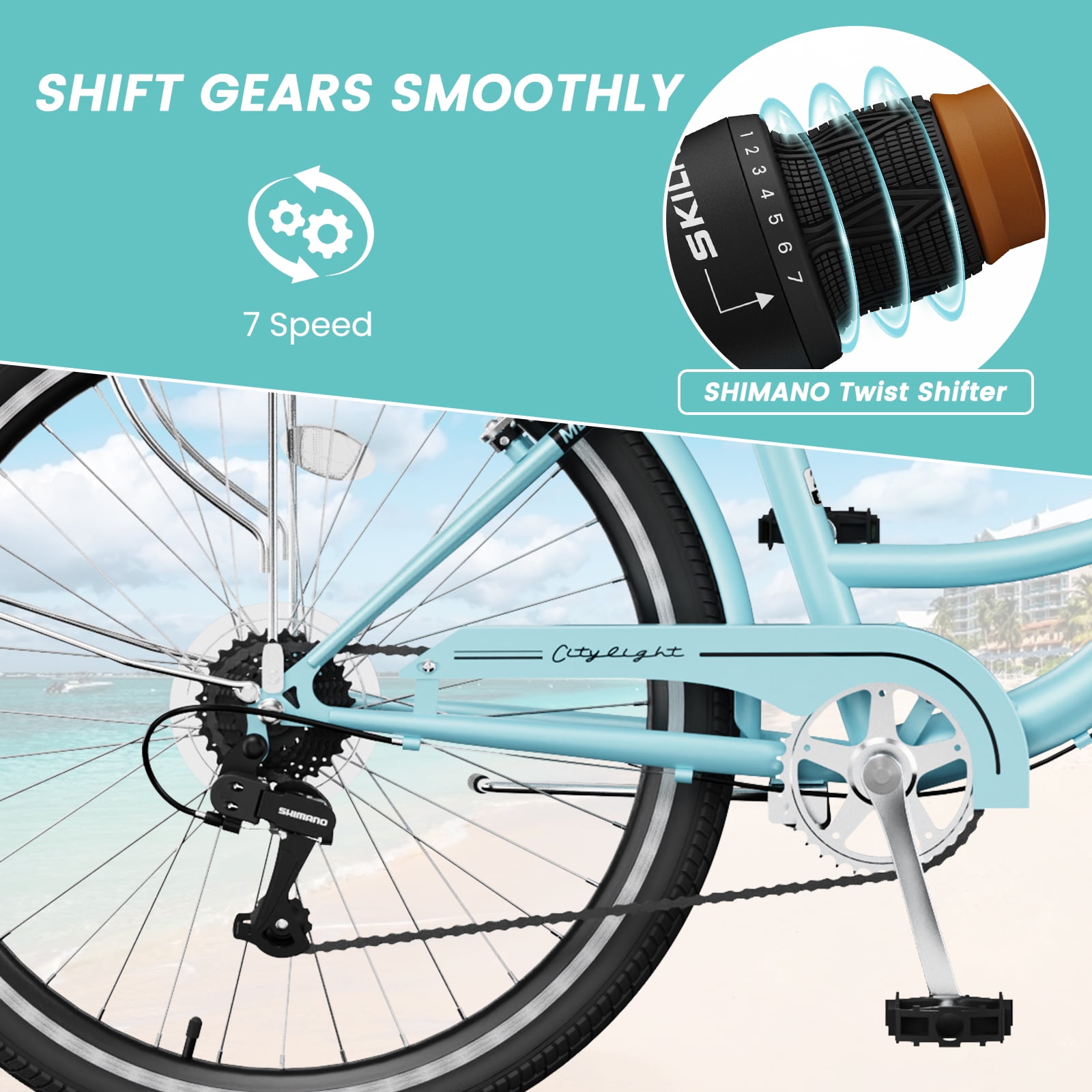 MOONCOOL 24/26 Inch Cruiser Bike for Women, 7 Speed Step-Through Bicycle with Basket, Rear Rack & Lock, Retro City Bike for Adults