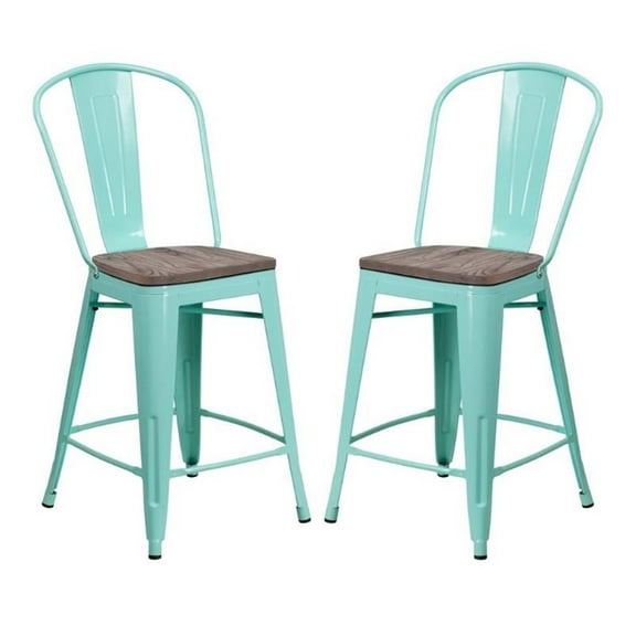 Home Square 24" Metal Counter Stool in Mint Green and Wood Grain - Set of 2