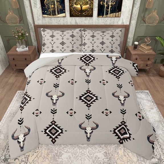 jejeloiu Bohemian Bull Skull Bedding Comforter Set,Vintage Aztec Geometric Twin Comforter Sets,Brown Black Bedding Set For Men Women,Ultra Soft Home Decor Reversible,2 Pieces