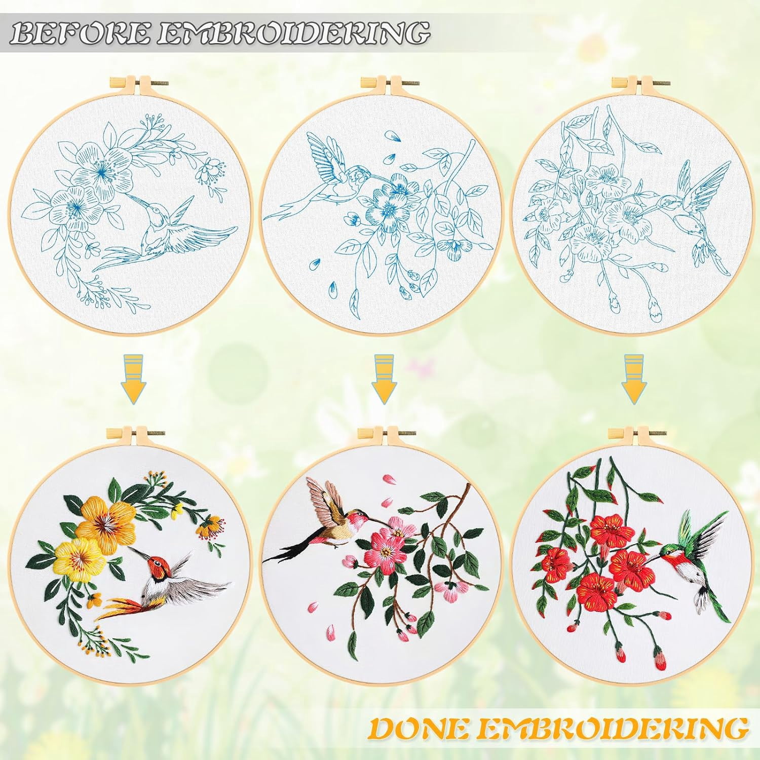 3 Pack Embroidery Kit for Beginners, Sewing Cross Stitch Starter Set with Flowers Birds Pattern Stamped Cloth Hoops Threads and Needles