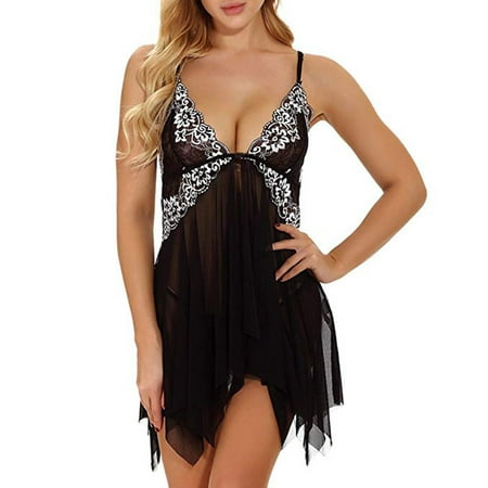 Women V Neck Floral Lace Lingerie Set Open Front Sexy Sheer Babydoll Mesh Chemise