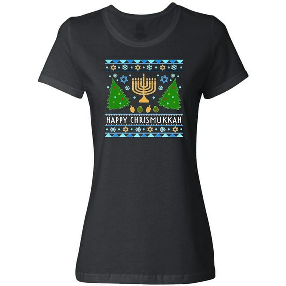 Inktastic Happy Chrismukkah Sweater Style with Menorah and Trees Women's T-Shirt