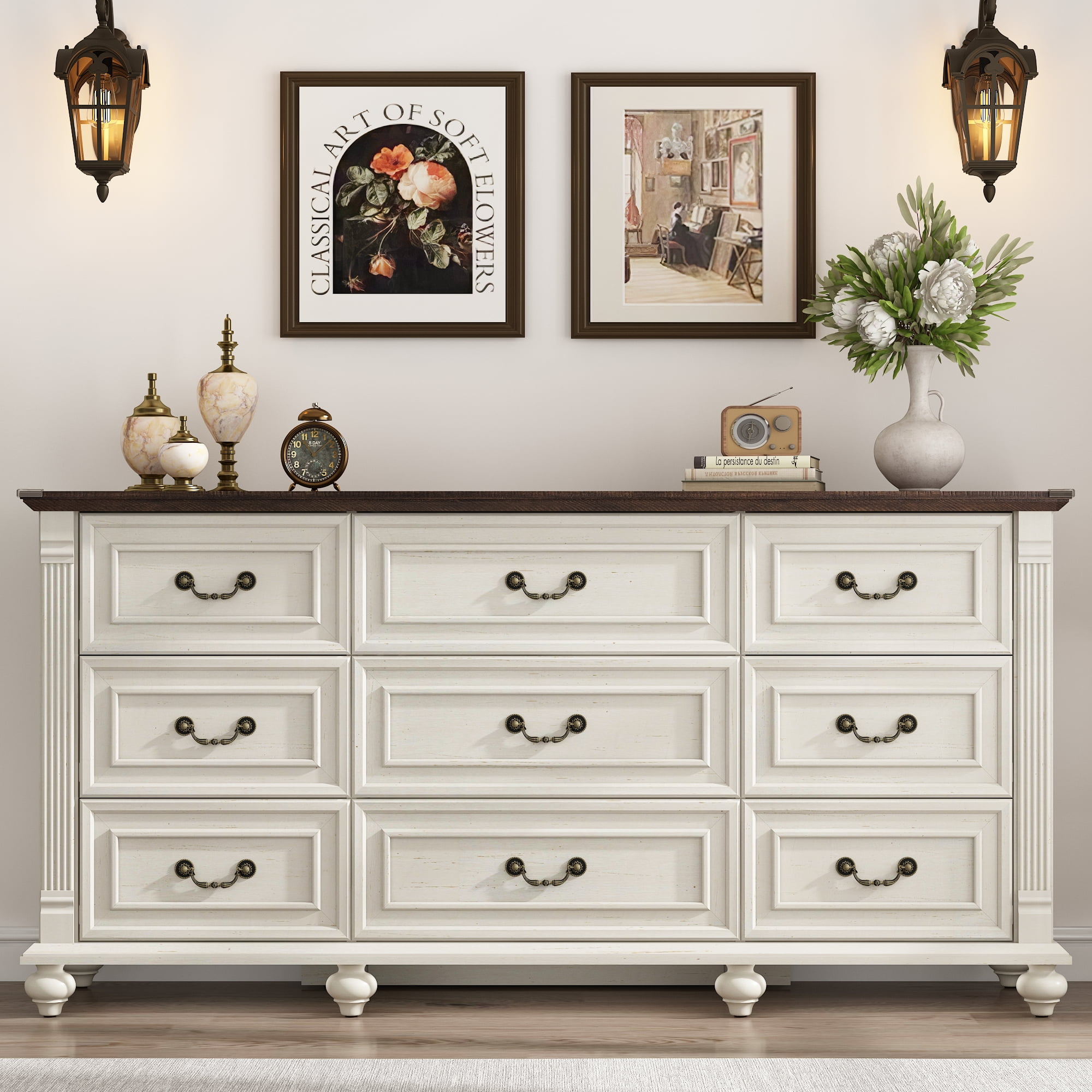 Blotout 9 Drawer Dressers for Bedroom, Farmhouse Dresser with 6 Solid Wood feet, 63" Wide White Dresser Wooden Dresser Rustic Chest of Drawers Long Dresser