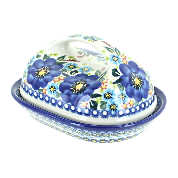 Blue Rose Polish Pottery Garden of Blue Butter Dish