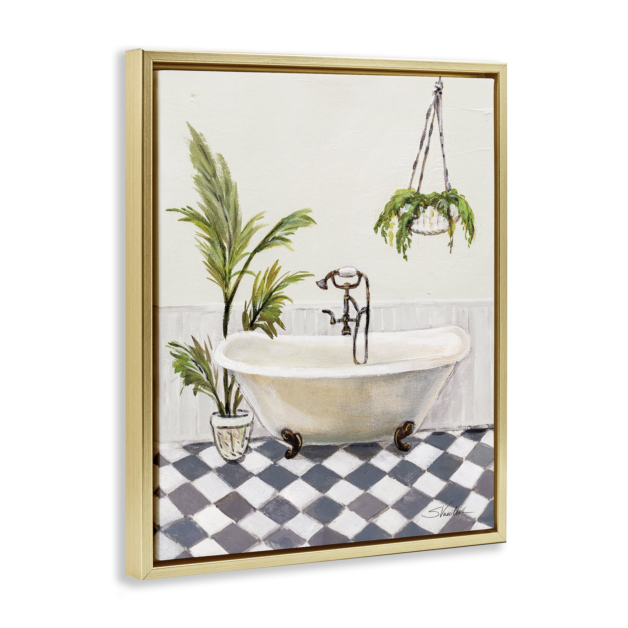 Stupell Industries Crisp Cottage Bathroom Bath & Laundry Painting Gold Floater Framed Canvas Art Print Wall Art, 17 x 21