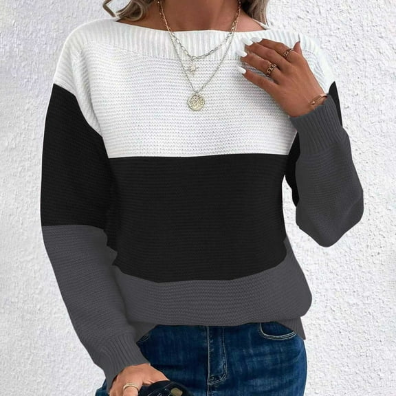 Dgankt Fall Sweaters Knitted Sweater with Contrasting Color Splicing Round Neck Long Sleeved Pullover Top,Size S-3XL