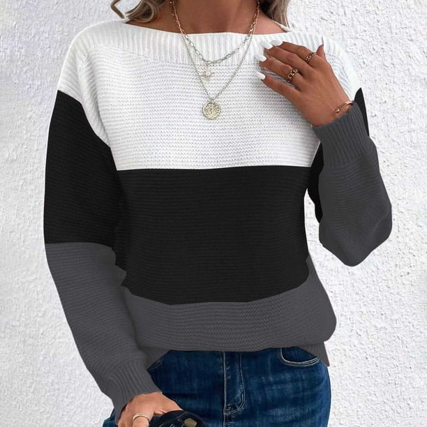 Suéter de cuello redondo para mujer, suéter de punto con empalme de color en contraste, cuello redondo, manga larga, blusa para mujer