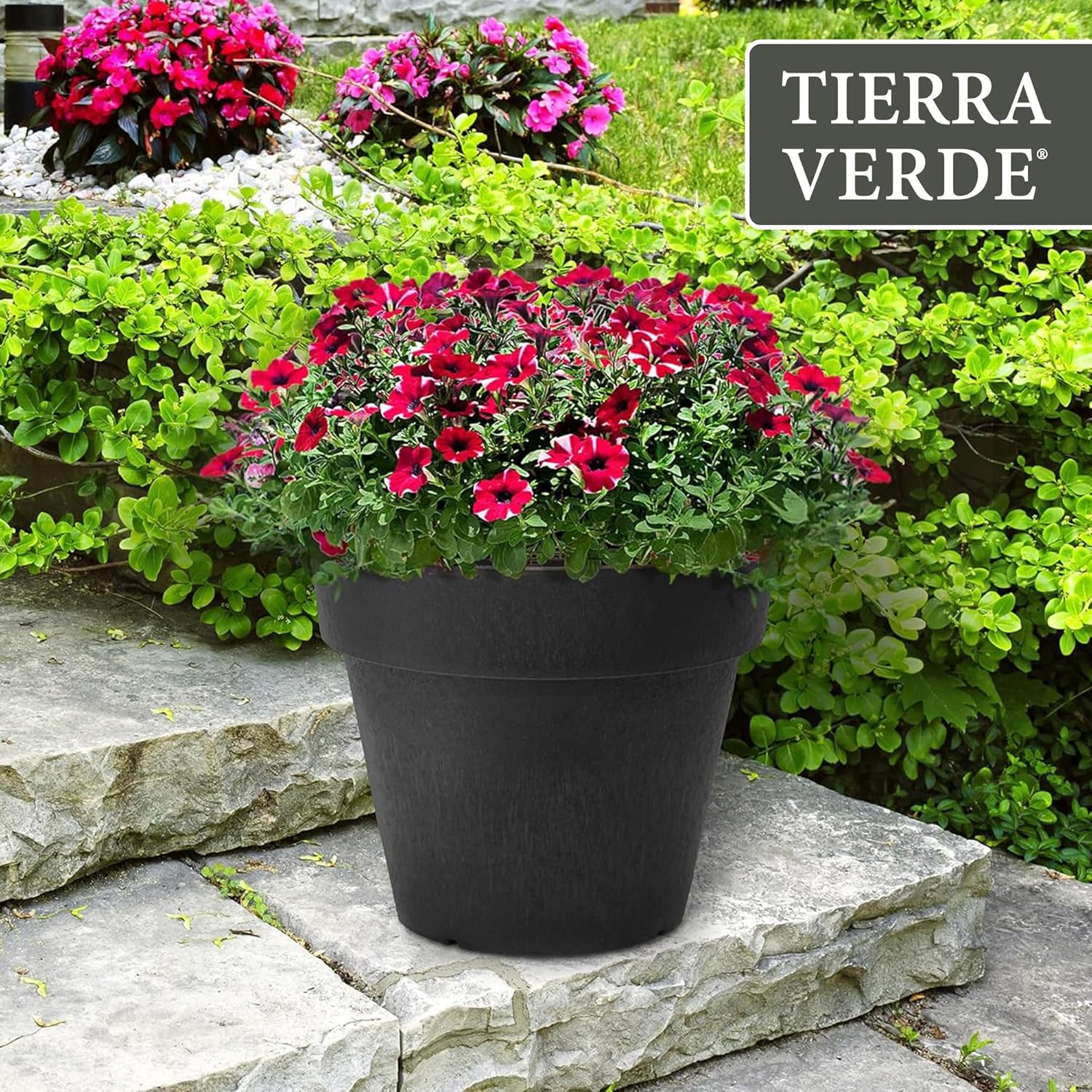 Verde Indoor & Outdoor Self-Watering Round Planter Pot, Baritone, 18" x 16", Black - Decorative Planting Containers for Plants and Flowers - Gardening and Flowering Accessories
