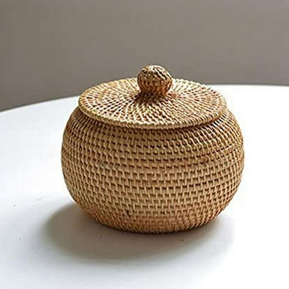 Round Rattan Box with Lid, Hand Woven Storage Box, Multifunctional Desktop Tray Storage Basket Decoration for Home