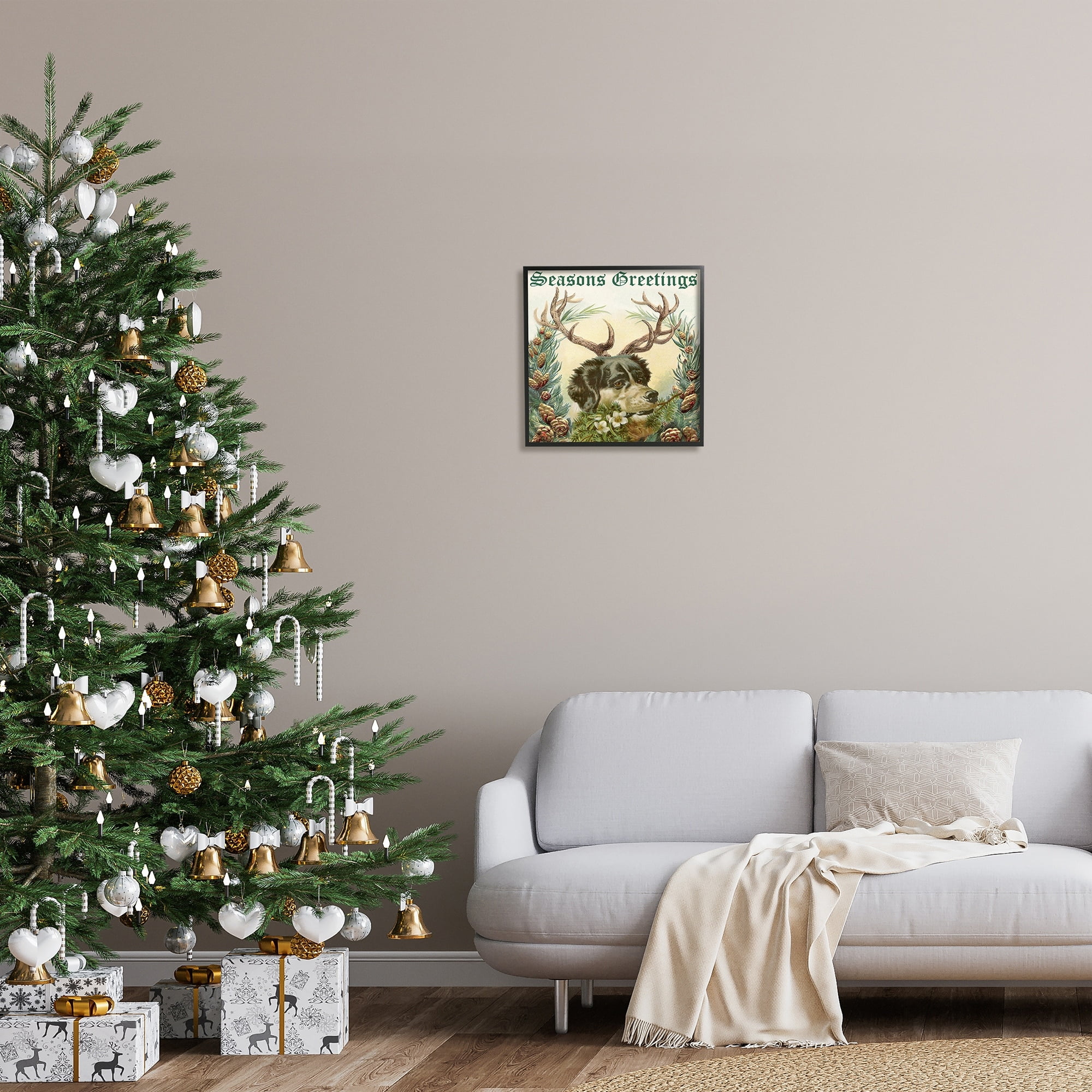 Stupell Industries Seasons Greetings Dog Wearing Antlers Botanical Border Graphic Art Black Framed Art Print Wall Art, Design by Alicia Longley