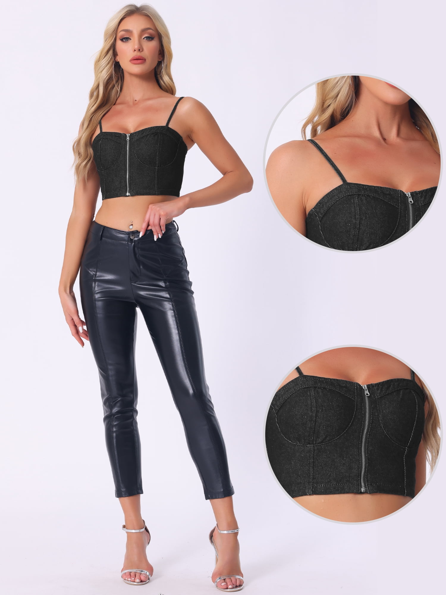 DARING DIVA Women Bustier Zip Up Adjustable Straps Jean Corset Top L Black
