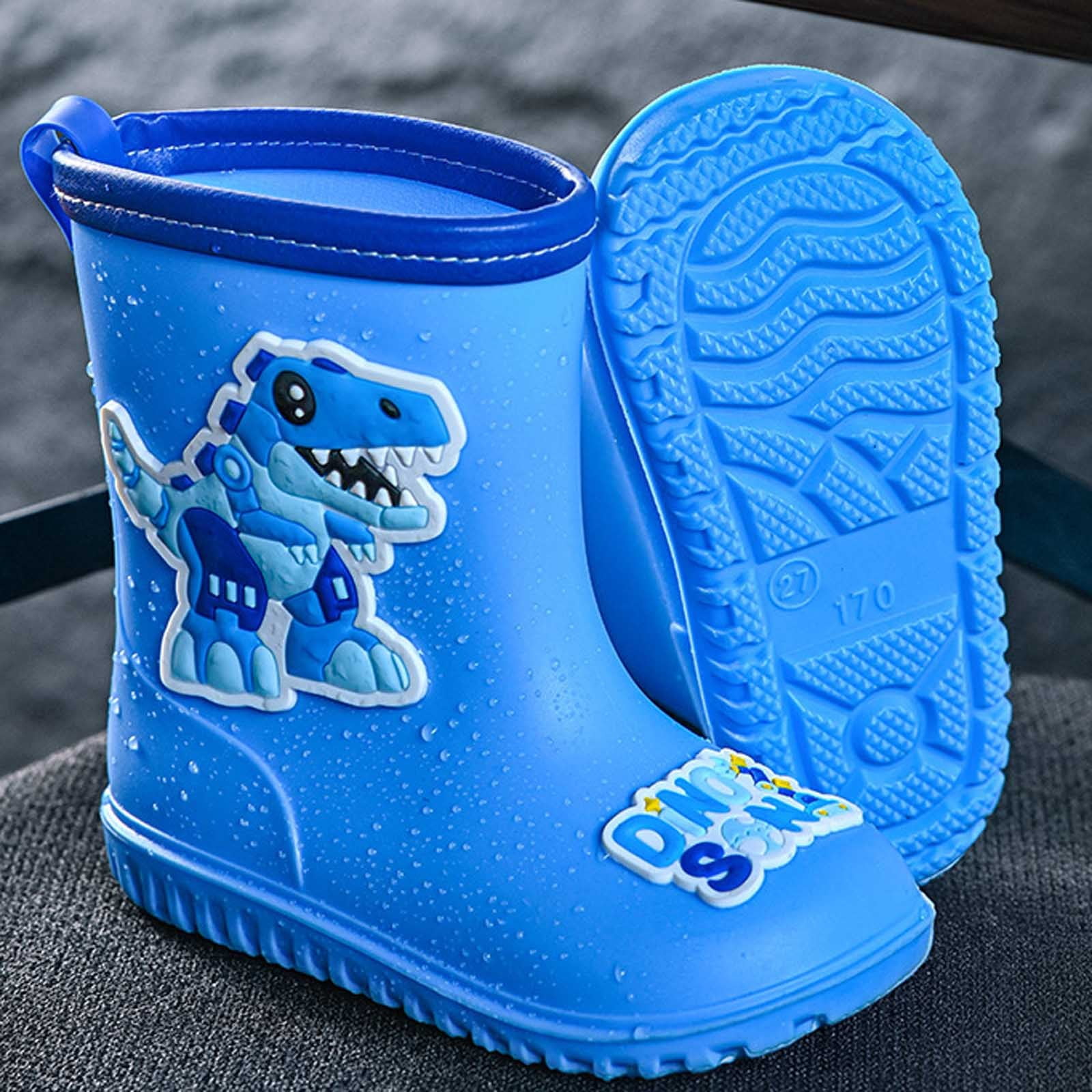 Wuxian Rain Boot For Girls Rain Boots Lightweight Anti- Cute Cartoon Dinosaur Pattern Rain Booties Waterproof Soft Sole Easy Put On Drawstring Rainy Shoes,Blue,11-11.5T