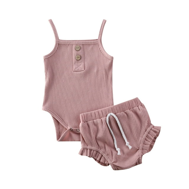 Mialoley Ensemble Short Bébé Fille 2 Pièces, Combinaison Bretelles Tricotées + Pantalons Courts