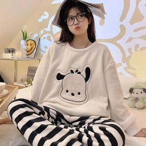 Pijamas Kawaii Sanrio Kuromi Cinnamoroll Pachacco para mujer, ropa de dormir de franela gruesa y cálida, cuello redondo, Invierno