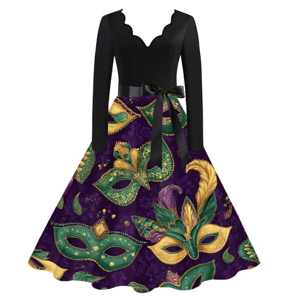 Hogleaql Mardi Gras Dresses Womens Vintage V-Neck Long Sleeve A-Line Carnival Mask Graphic Midi Dress Swing Belted Cozy Trendy Clothing Green L