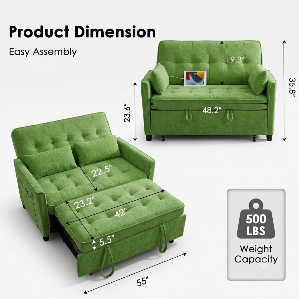 Howcool 55" Sleeper Sofa Bed, 3-in-1 Pull Out Convertible Loveseat Couch with 5-Level Adjustable Backrest, USB Port & Side Pocket, Terry Fabric Sofa for Living Room, Bedroom & Small Spaces,Green