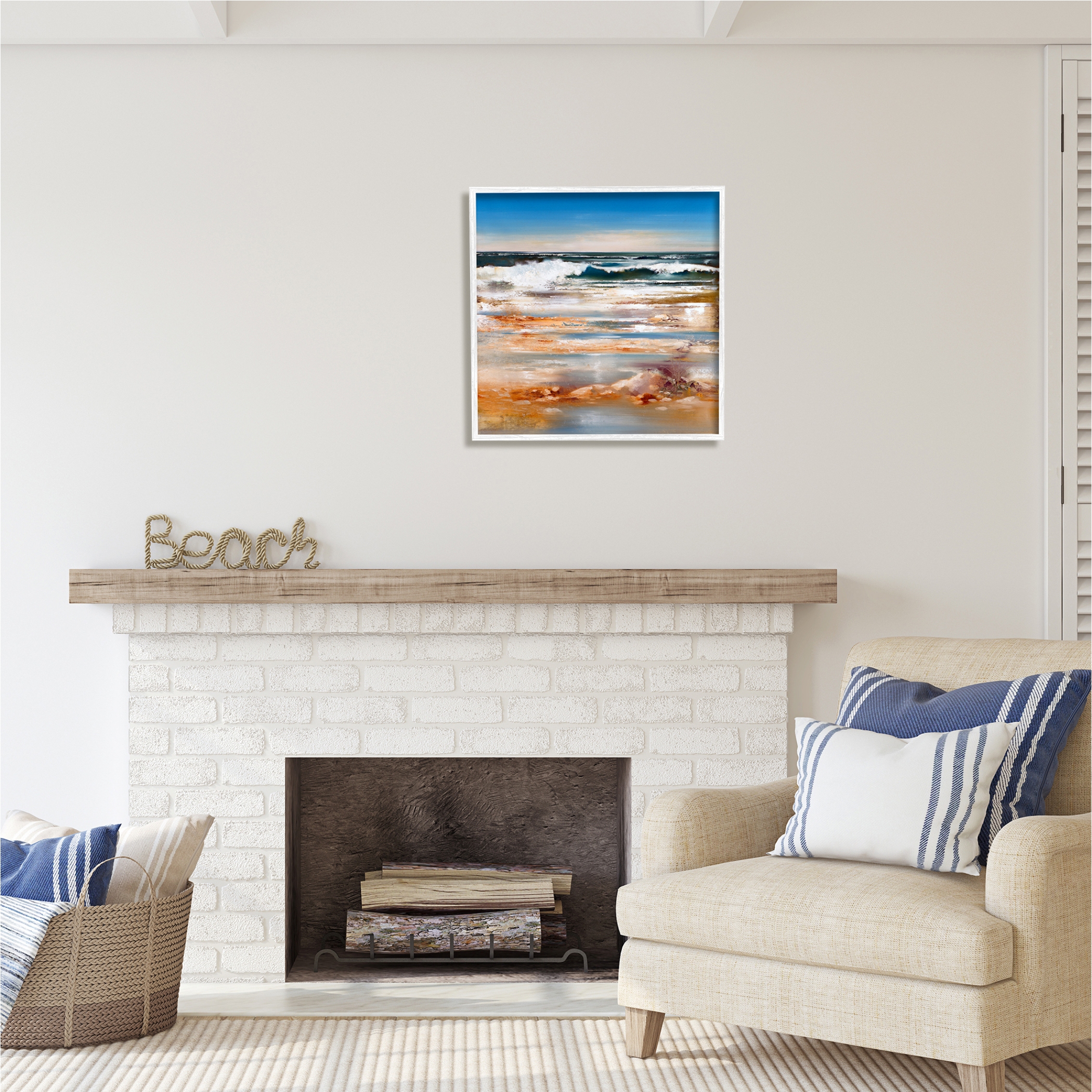 Stupell Industries Rolling Waves Abstract Shore Abstract Painting White Framed Art Print Wall Art, 24 x 24