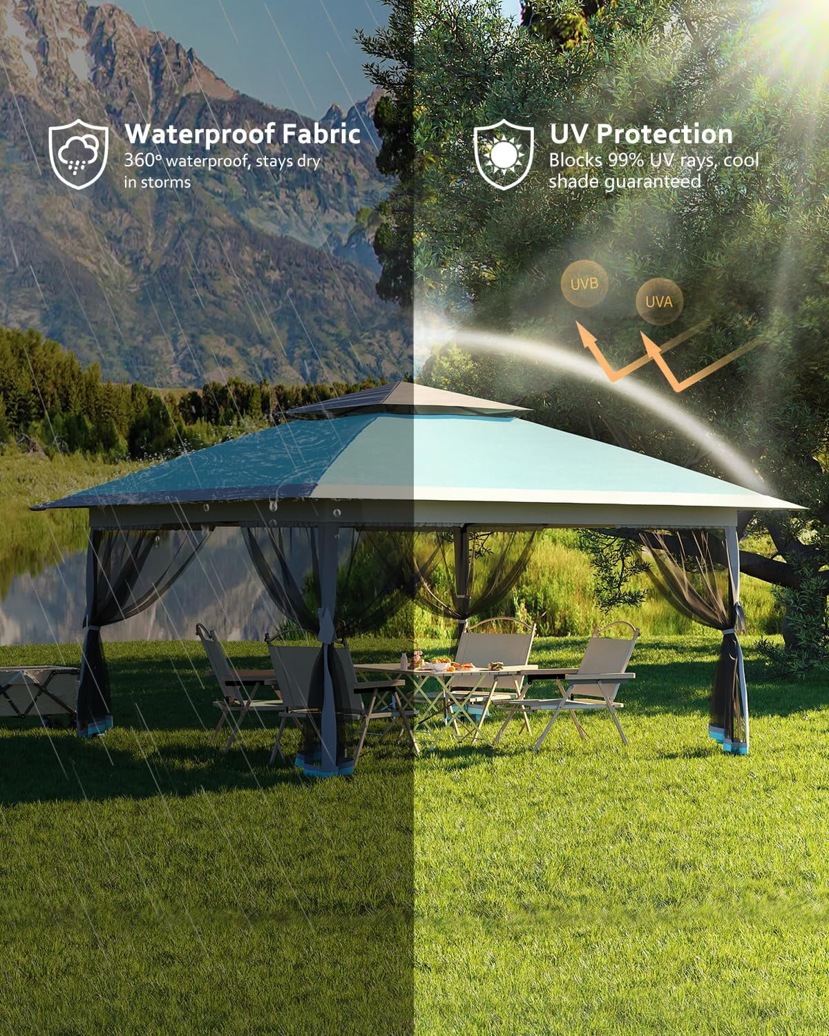 Roromall 12x12 Canopy Tent, Pop Up Canopy Gazebo with Mosquito Netting, Outdoor Gazebo with 4 Sandbags & Wheeled Bag, for Backyard & Patio Furniture, Patio, Deck