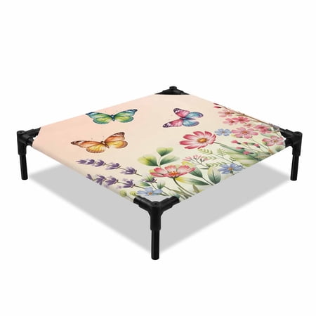 Spring Floral Butterfly Elevated Dog Bed Country Watercolor Red Floral Leaf Cooling Breathable Outdoor Raised Dog Cot Bed with Metal Frame Non-Slip Feet for Small Dog 20x20in