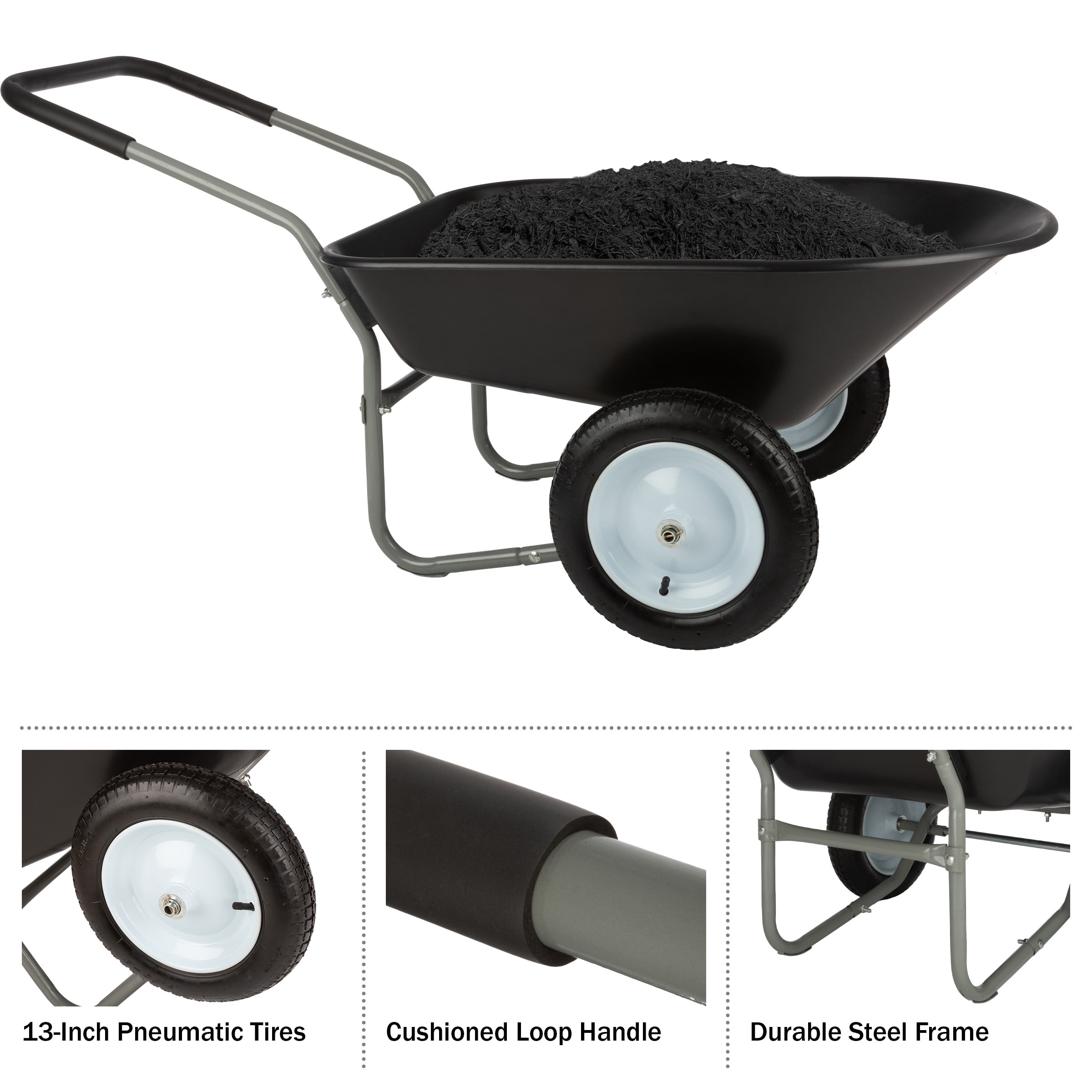 Pure Garden 2-Tire Wheelbarrow with 300lb Capacity and Padded Handle, Black