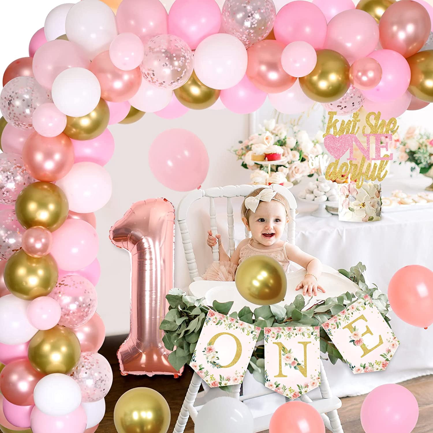 Baby Girl 1st Floral Birthday Decorations, Isn't She Lovely Isn't She Onederful Boho Floral Backdrop Pink, Rose Balloon Garland Arch One Highchair Banner for Baby Girls 1st Birthday Party