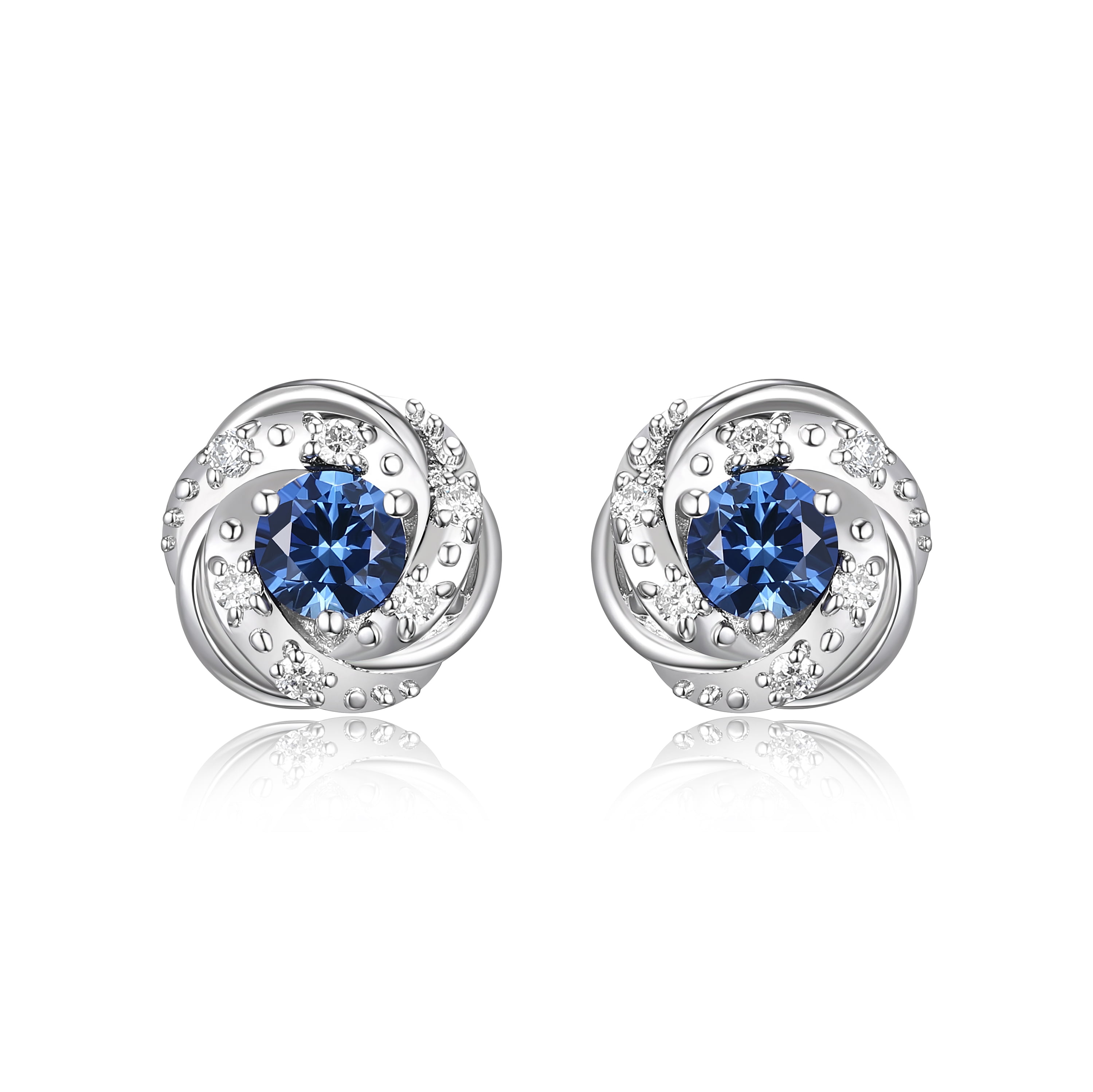 Forever Facets Jewelry Platinum Over Sterling Silver 1/8th Carat Total Weight Lab Grown Diamond and Created Blue Sapphire Delicate Knot Stud Earrings