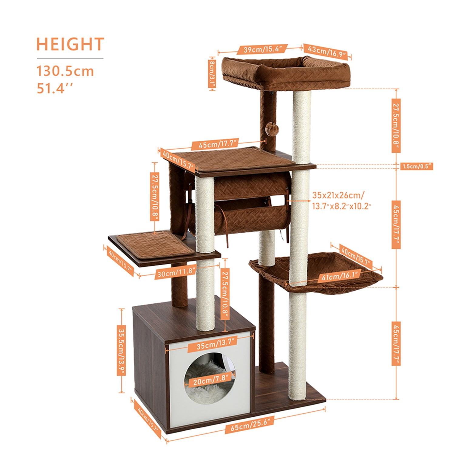 Pefilos 51.4 Inches Modern Cat Tree 6 Levels Wooden Cat Tower with Sisal Covered Scratching Posts, Cozy Condo, Spacious Perch, Hammock and Swing Tunnel for Indoor Cats, Brown Pefilos 51.4 Inches Modern Cat Tree 6 Levels Wooden Cat Tower with Sisal Covered Scratching Posts, Cozy Condo, Spacious Perch, Hammock and Swing Tunnel for Indoor Cats, Brown