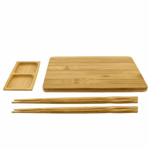 BambooMN Reusable Bamboo Sushi Serving Board Set - 1 Sushi Board, 2 Sets of Chopsticks, 1 Sushi Dipping Tray