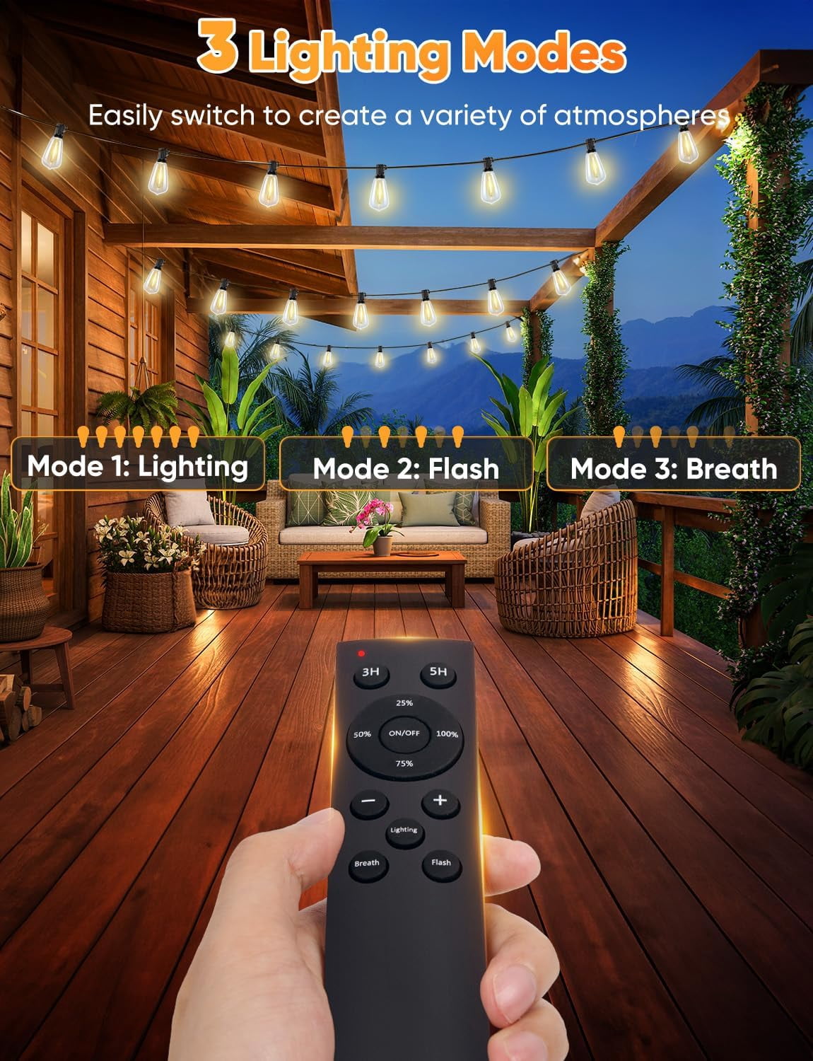 Nordic Hygge 50FT Outdoor String Lights with Remote, LED String Lights for Outside, 3 Modes 2 Timer Dimmable Outside Lighting