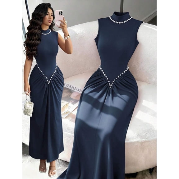 Navy Blue Semi-High Neck Sleeveless Knitted Pleated Maxi Dress With Pearl Embellishment, Elegant Evening Gown