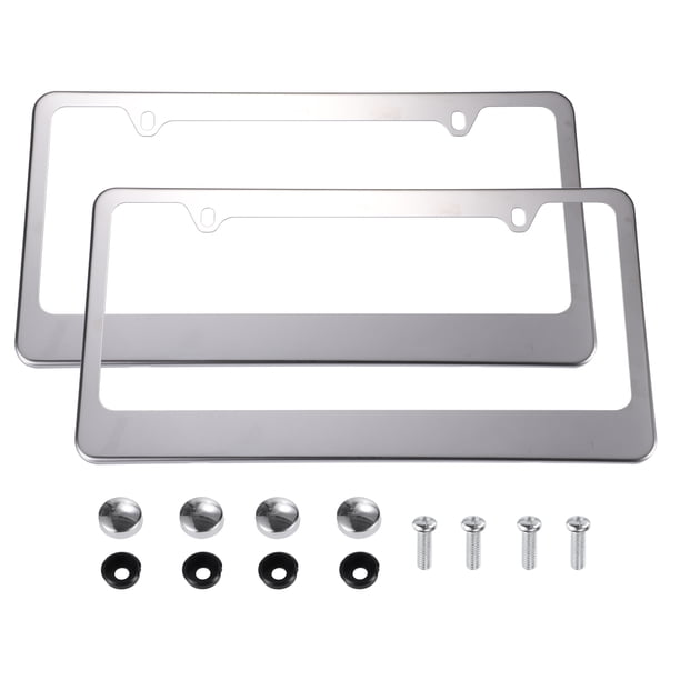 2 uds marco de placa de matrícula de Metal de acero inoxidable marcos de cubierta de etiqueta de coche delantero trasero con tornillos y almohadillas antisonajero tono plateado
