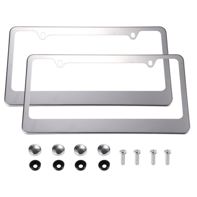 2 uds marco de placa de matrícula de Metal de acero inoxidable marcos de cubierta de etiqueta de coche delantero trasero con tornillos y almohadillas antisonajero tono plateado