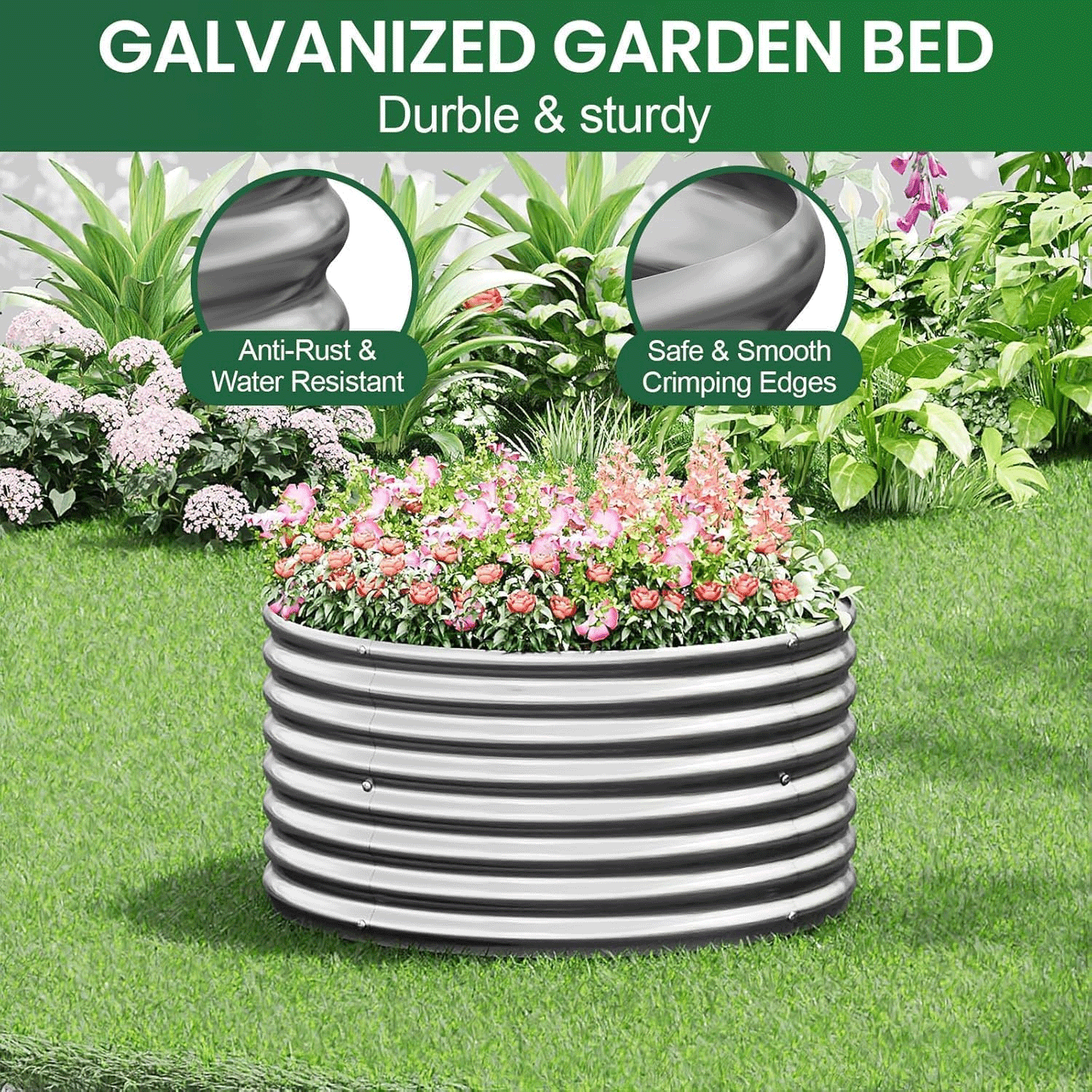 CATMANOR 4 Pack 3FT Length Round Galvanized Raised Garden Bed Outdoor,Metal Garden Bed for Vegetables,Steel Raised Beds for Gardening,Above Ground Garden Box for Flower