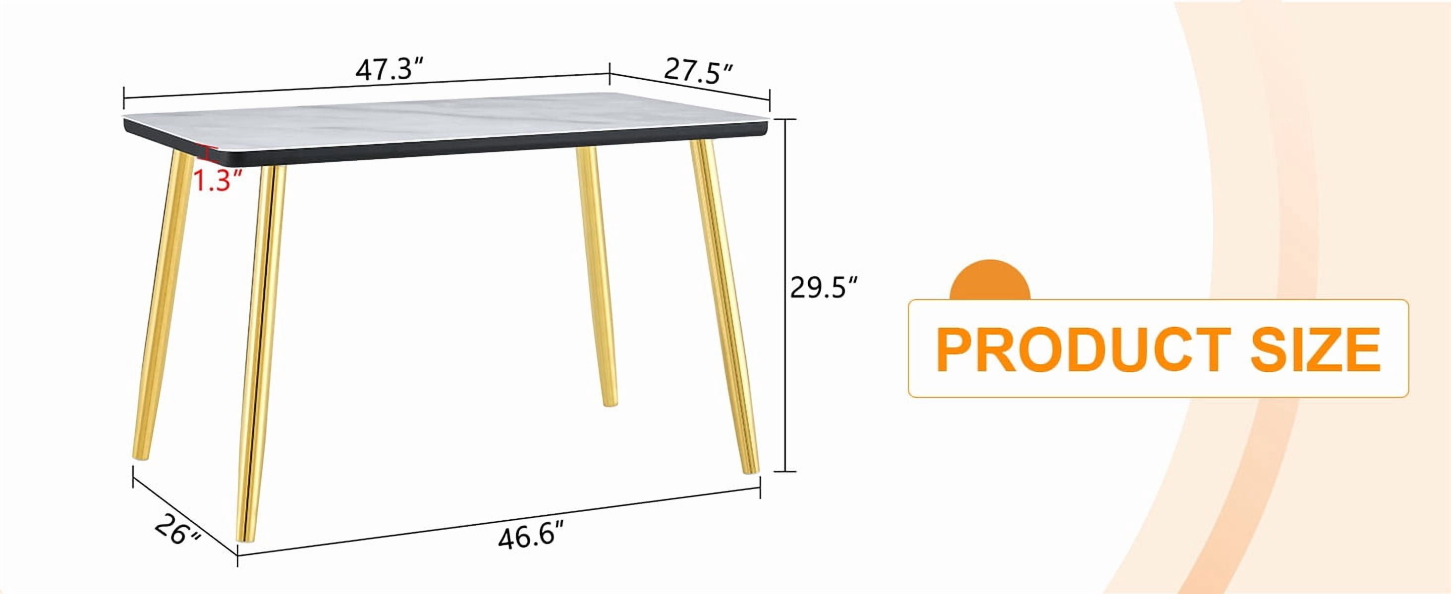 Mintazer 47.3 Inch Modern White Marble Vein Rectangular Dining Table with Tempered Glass Top & Black Table Edge, Minimalist Kitchen Table for 4-6 People, White & Gold