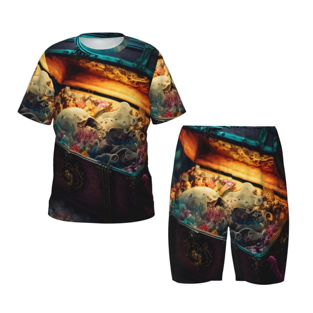 Fotbe Underwater Treasure Chest Pijama Estampada de 2 Piezas para Niños – Ropa de Dormir de Manga Corta Cómoda para Niños y Niñas, Camiseta y Shorts de Algodón-Medium