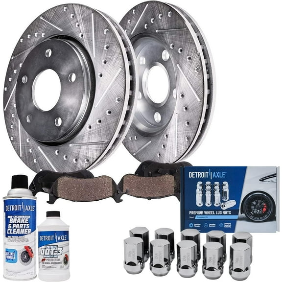 Detroit Axle - Front Brake Kit for 05-10 Dodge Dakota, 06-09 Mitsubishi Raider, Drilled & Slotted Brake Rotors Ceramic Brake Pads Wheel Lug Nuts 2005 2006 2007 2008 2009 2010 Replacement