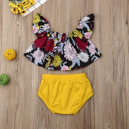 Leaf Embellished Pant Set Infant Summer Outfit 2PCS Baby Girls Lotus Leaf Off Shoudler Flraol Crop Top Tee+Bottom Shorts Pants Set ()