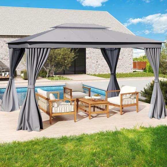 Costway 10 X 13 FT Patio Gazebo, Outdoor Double-Roof Canopy Tent with Mesh Netting, Gray