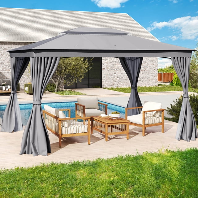 Costway 10 X 13 FT Patio Gazebo, Outdoor Double-Roof Canopy Tent with Mesh Netting, Gray