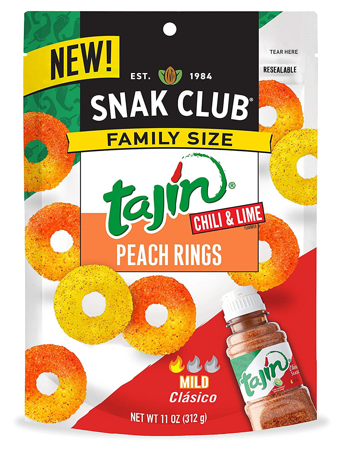 Snak Club Tajin Chili and Lime Seasoned Candy Peach Rings, 11 ounce