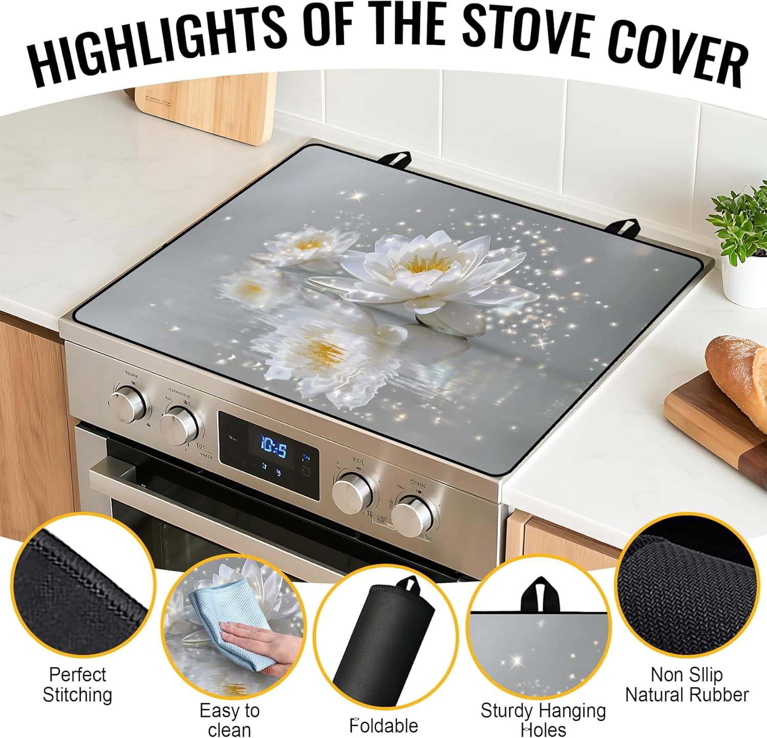 Stove Top Cover for Electric Stove 28.5x20.5 Inch Silicone Stove Topper & Protector, Scratch-Resistant Decorative Kitchen Mat for Electric/Glass Stove Top (Glittering White Lotus)