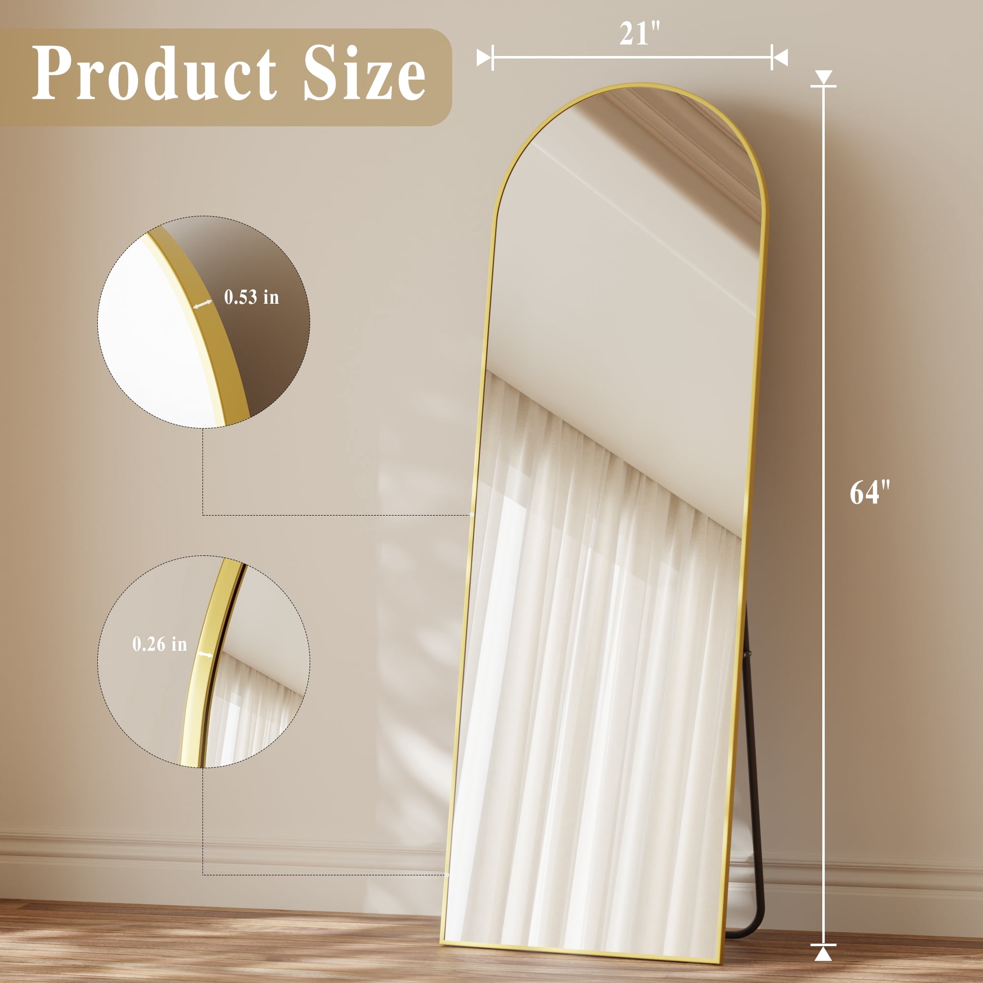 Mirrasia 64"x21.5" Arched Full Length Full Body Mirror Leaning Wall-Mounted Floor Mirror,Gold
