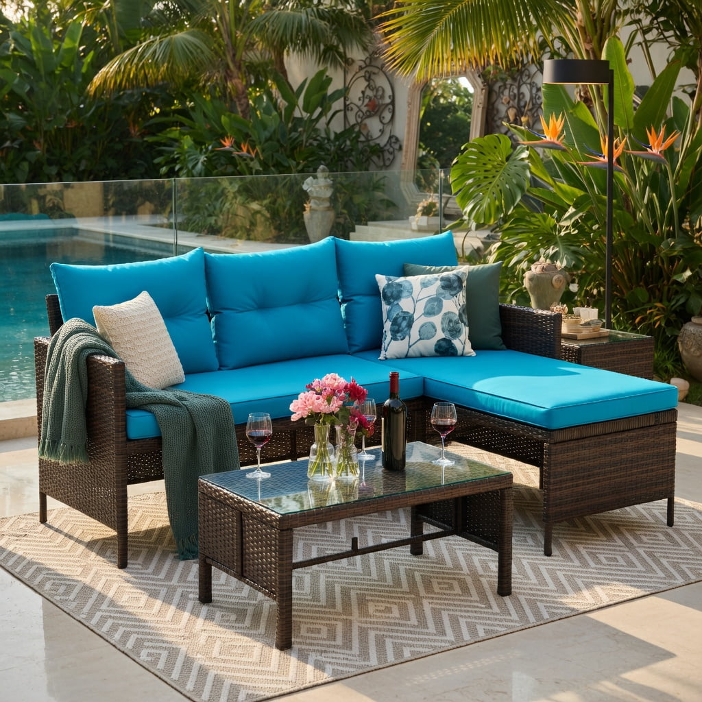 Hommoo Outdoor Wicker Patio Sofa Set, L-Shaped 3-Piece Rattan Sectional with Tempered Glass Coffee Table & Machine-Washable Cushions, Turquoise