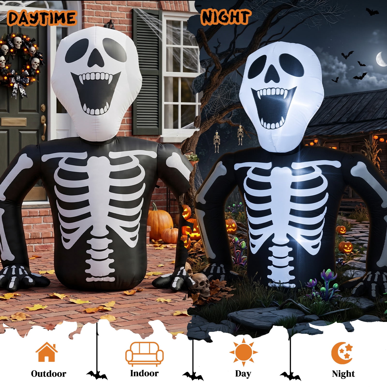 6ft Half-Skull Inflatable Decoration with 3 LED Lights, Black and White, 1000mA, 12V (US Standard)