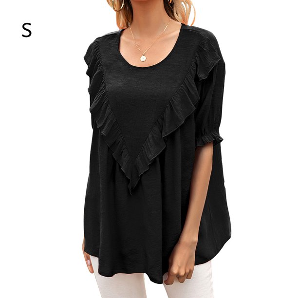 Camiseta de mujer de manga corta, cuello redondo, camisa con volantes, camiseta holgada de verano, negro, S Advancent AP001237-05