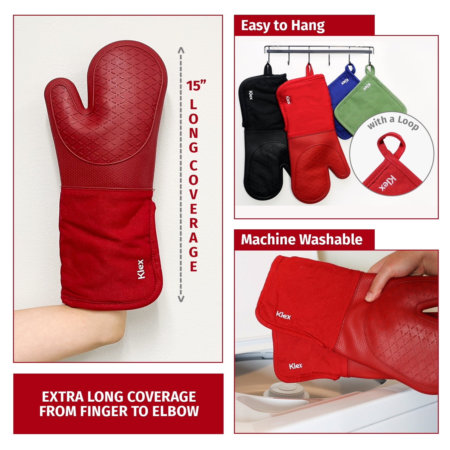 Klex 15inch Silicone Oven Mitts, Comfortable Fleece Quilted Cotton lining, Red, Set of 2