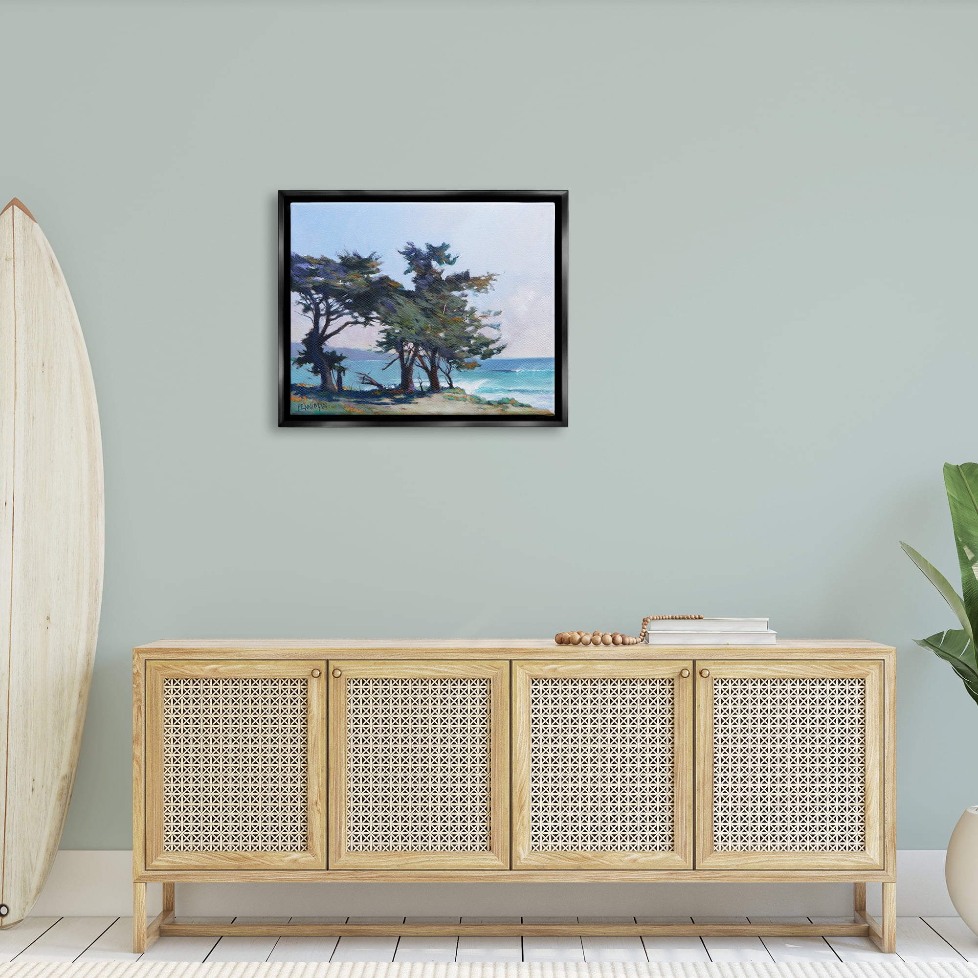 Stupell Coastal Sandy Trees Ocean Waves Landscape Painting Black Floater Framed Art Print Wall Art