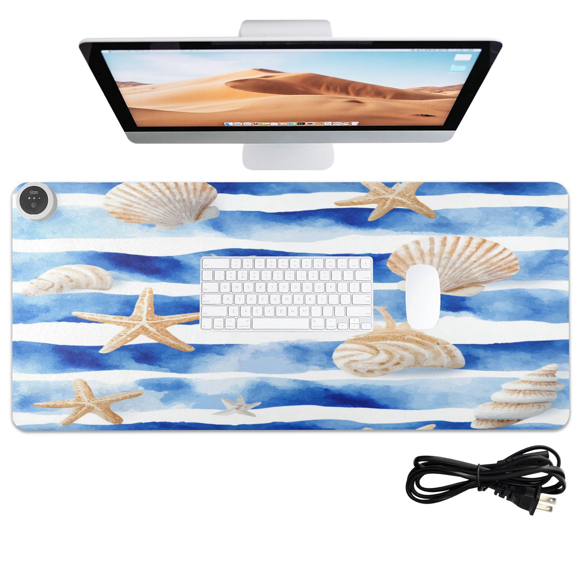 Large Heated Desk Mat Mouse Pad 31.5"x13"PU Leather Graphene Heating Desk Warmer with 3 Temperature Settings 110V US Plug Non-Slip Warm Pad for Home, Office, and Gaming Blue Nautical Stripes Pattern